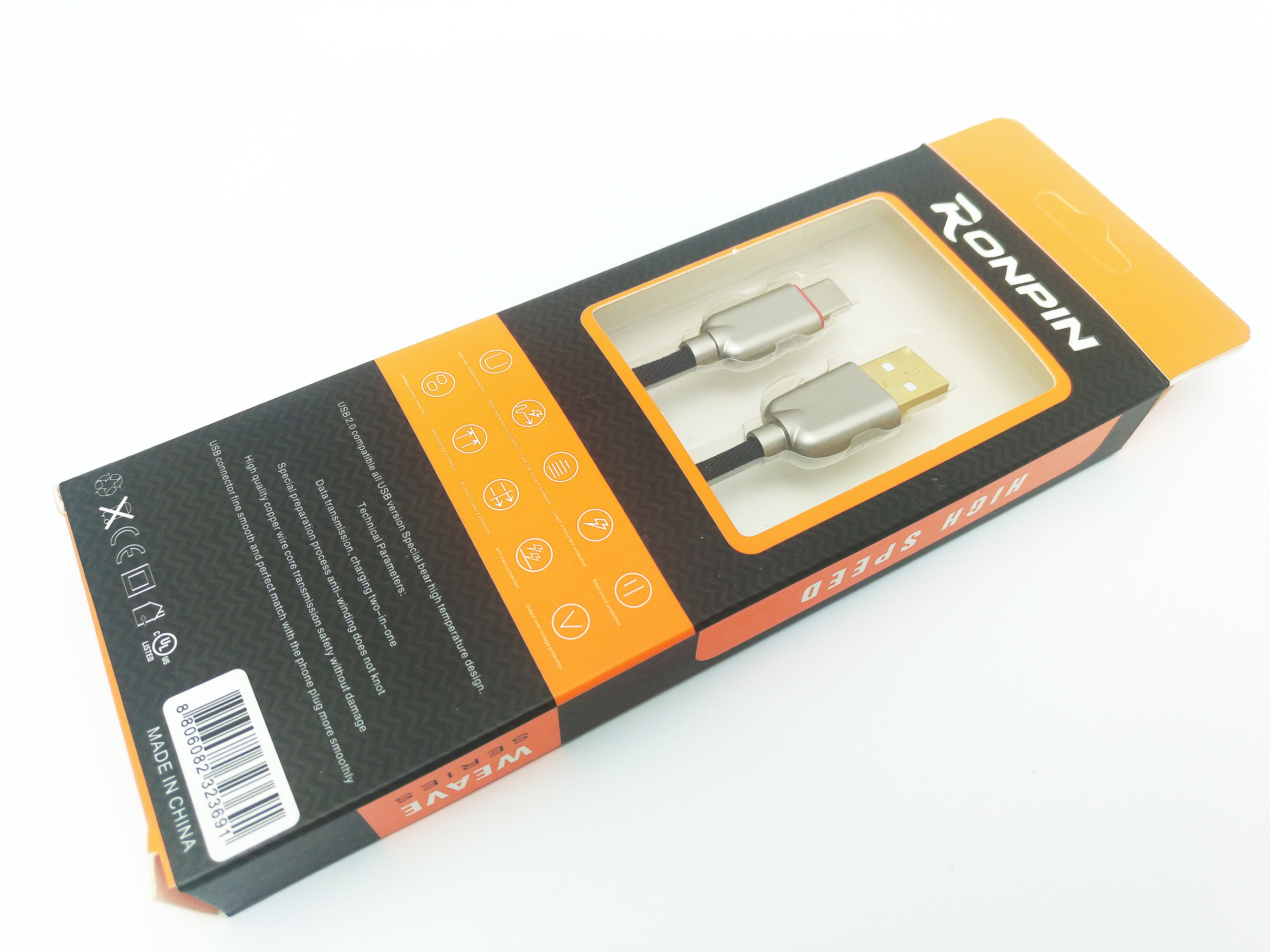 Cablu Date si Incarcare MRG L-RONPIN, Type-C, Cablu de Panza, Negru