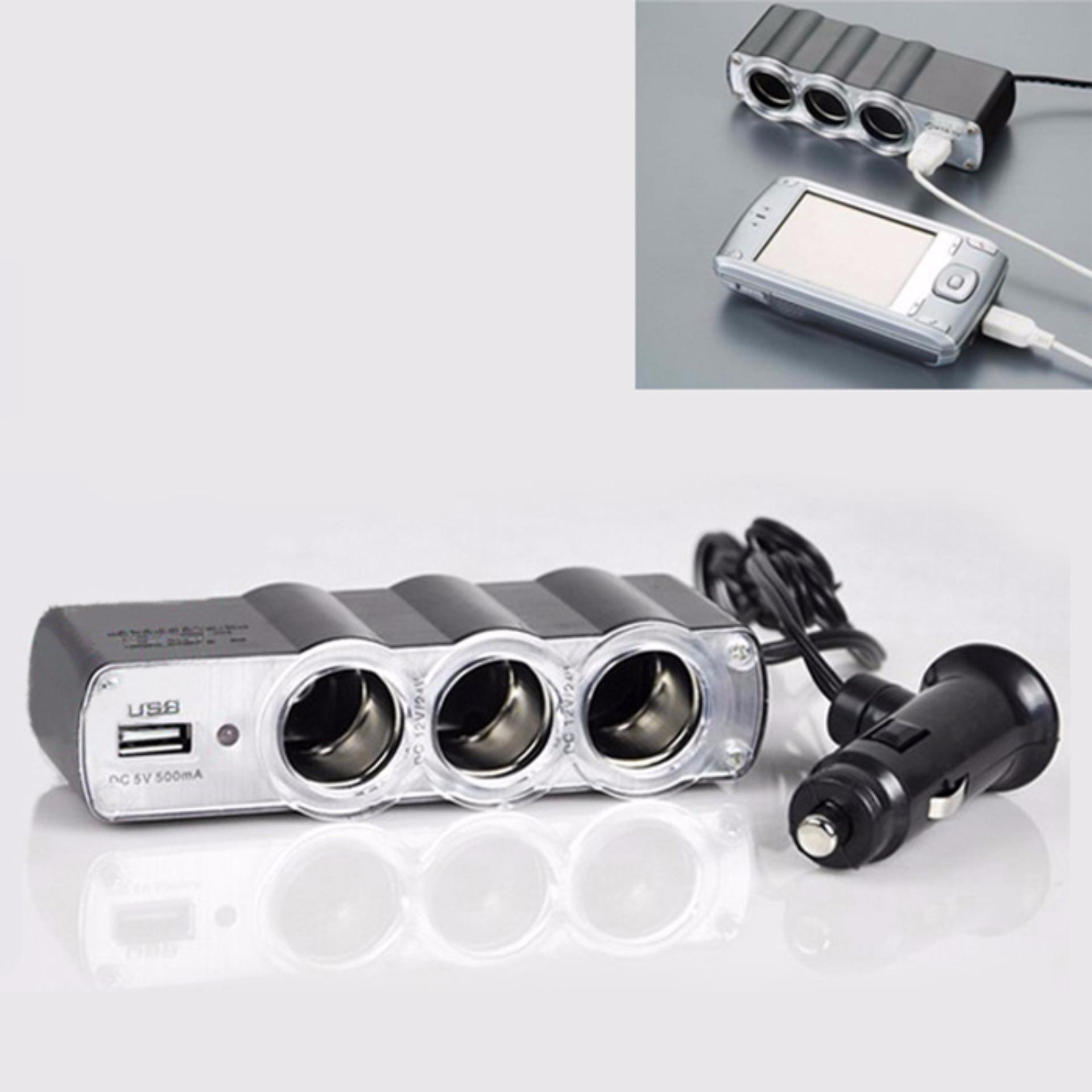 Priza Bricheta auto tripla cu USB, cu cablu Priza auto 3 prize si USB